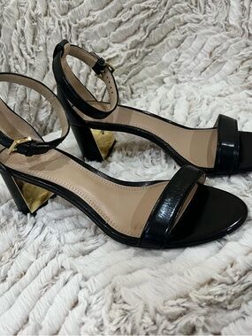 Tory Burch Black Patent Ankle-Strap Block Heel Sandals with Gold Accent